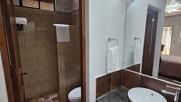 A bathroom with a shower, toilet, and sink.