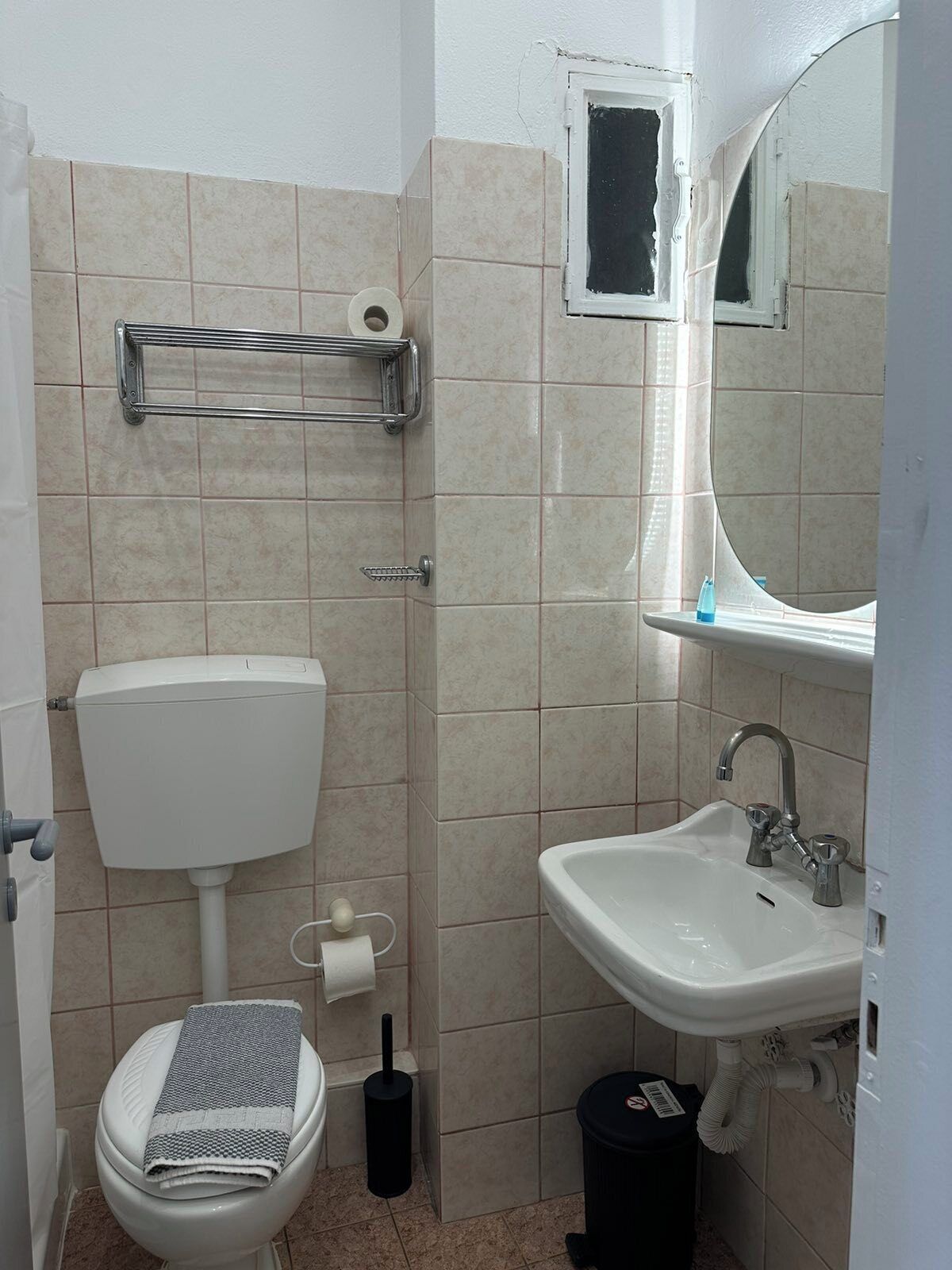 Een kleine, praktische badkamer met toilet, wastafel en spiegel.