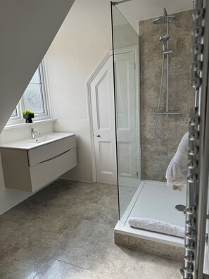 Shower, hair dryer, towels, soap