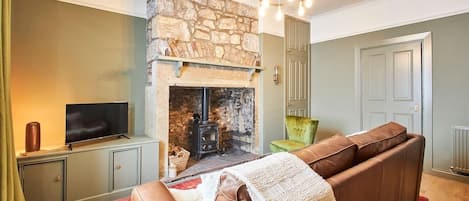 Télévision, cheminée, livres