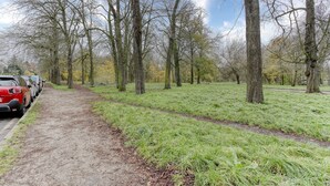 Un parc avec un sentier de terre, des arbres et des voitures garées.