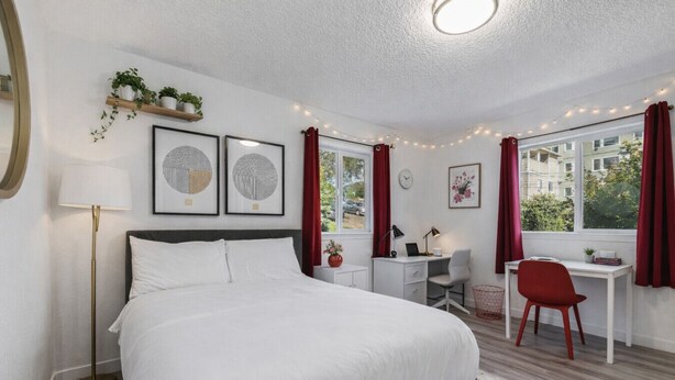 Una habitación de hotel moderna con una cama grande, un escritorio y una silla. Hay dos cuadros enmarcados en la pared, una lámpara de escritorio y una pequeña planta en maceta.