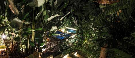 Een tuin 's nachts met een zwembad, omgeven door weelderige tropische planten en verlicht met zacht licht.