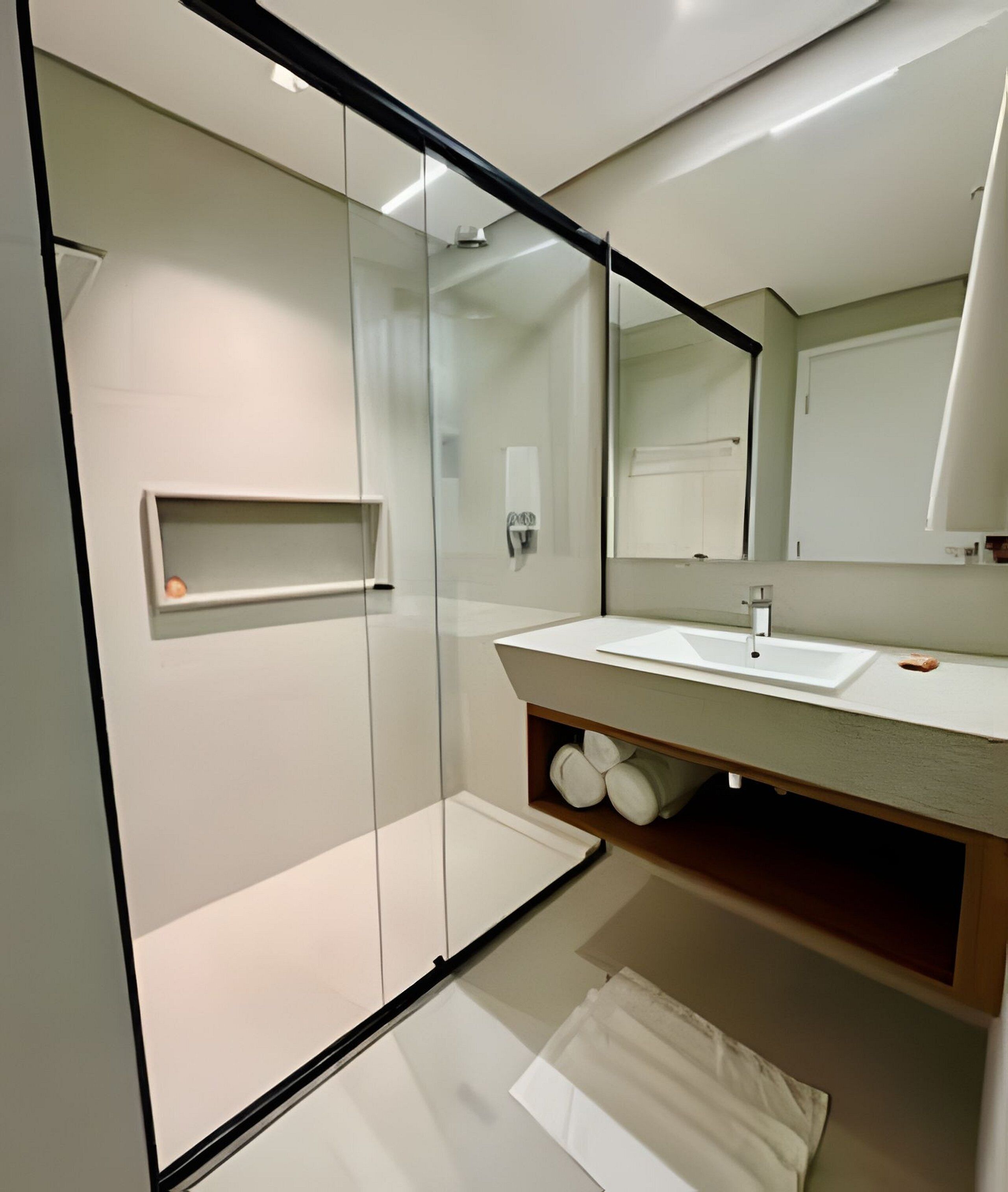 Une salle de bain moderne avec une douche à l’italienne en verre, un lavabo blanc et un miroir au-dessus.
