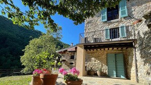 A stone building with a balcony, terracotta pots with flowers, and a green door. - New! Restored farmhouse,private pool,plunge pool, river! Walk pizzeria. Perfect! (Toscana)