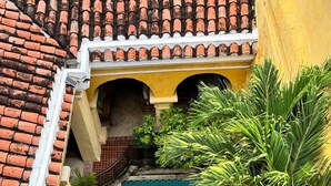 Une cour avec une piscine, entourée de plantes en pot et d’un bâtiment jaune doté d’un toit en tuiles.