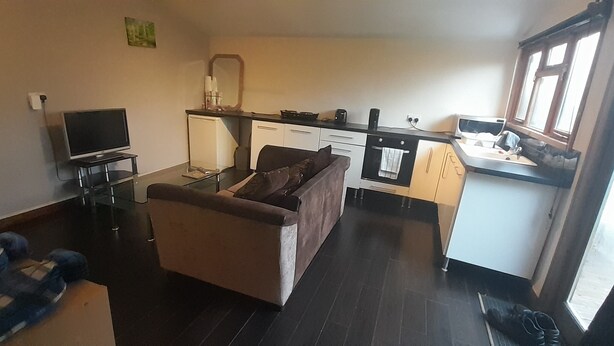 Ein kompakter Wohnbereich mit Sofa, Fernseher, Küchenzeile und Essplatz.