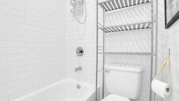 Hair dryer, towels, soap, shampoo