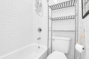 Hair dryer, towels, soap, shampoo