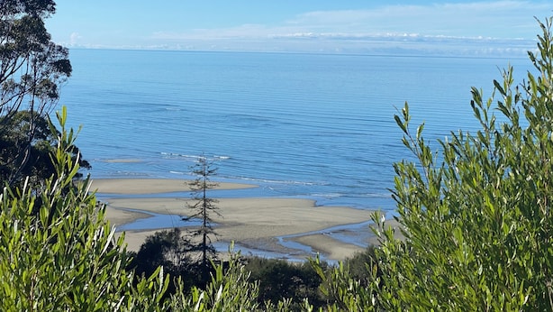 A coastal landscape with a clear view of the sea, sandy beach, and surrounding greenery.