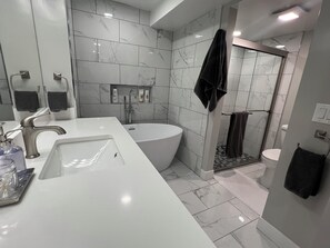 Hair dryer, towels, soap, shampoo