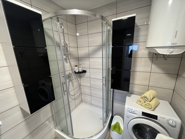 Shower, hair dryer, towels