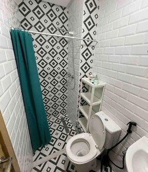Shower, towels, soap, toilet paper