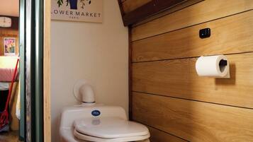 Shower, towels, soap, toilet paper