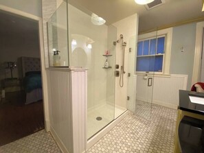 Shower, hair dryer, towels