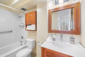 Hair dryer, towels, soap, toilet paper