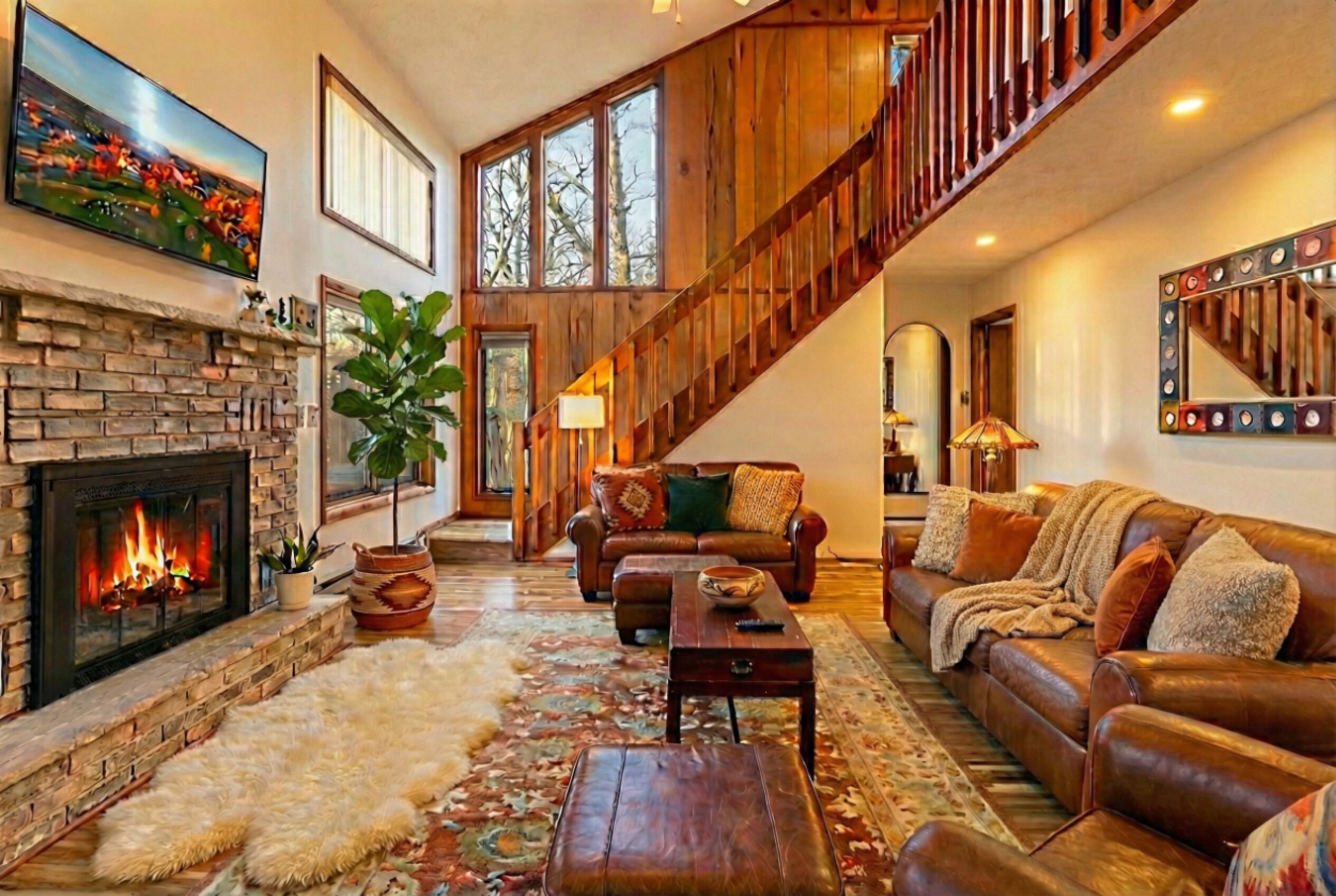 TV connectée, cheminée, livres