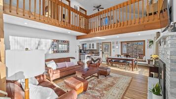 Smart TV, fireplace, books