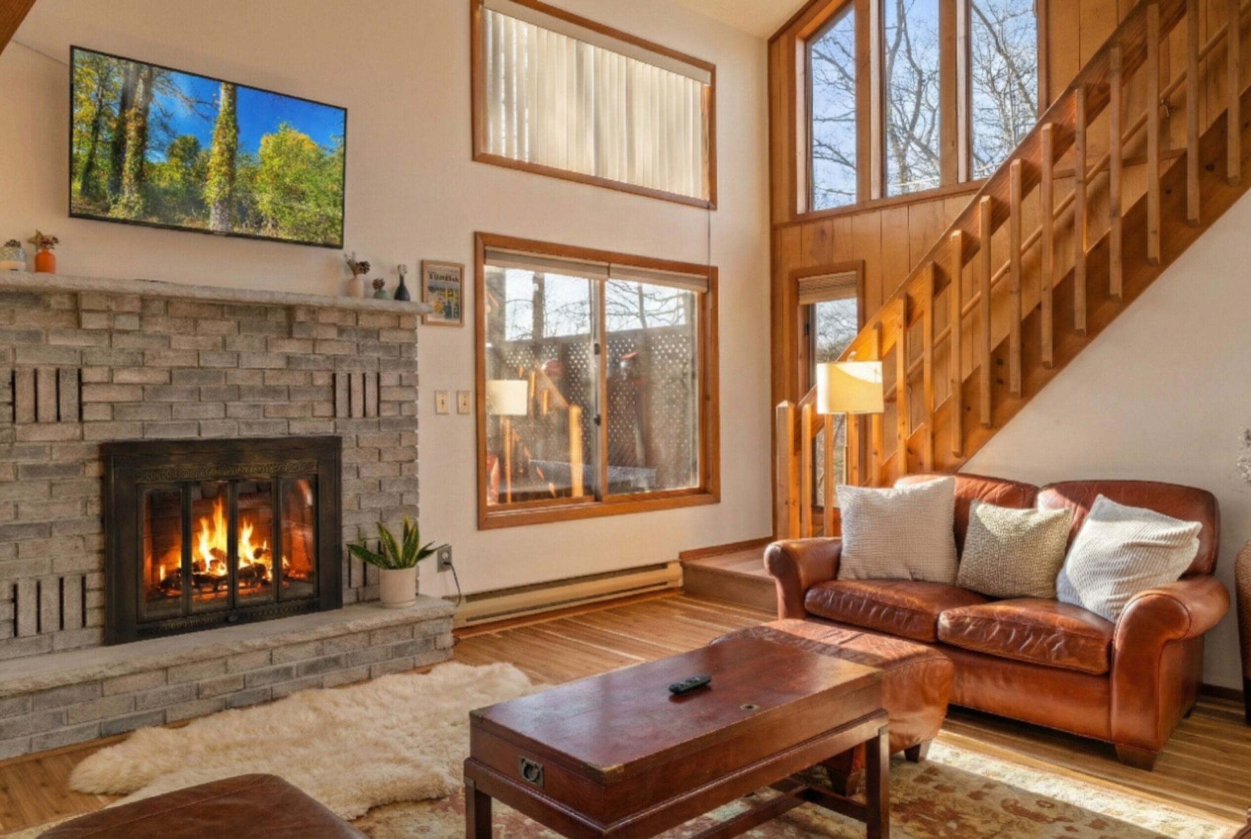 Smart TV, fireplace, books