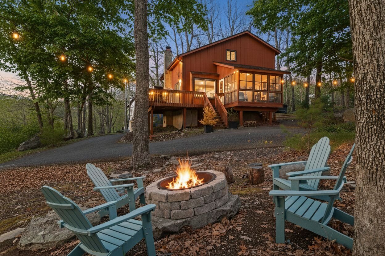 A cabin with a fire pit and Adirondack chairs in the yard.
