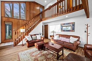 TV connectée, cheminée, livres