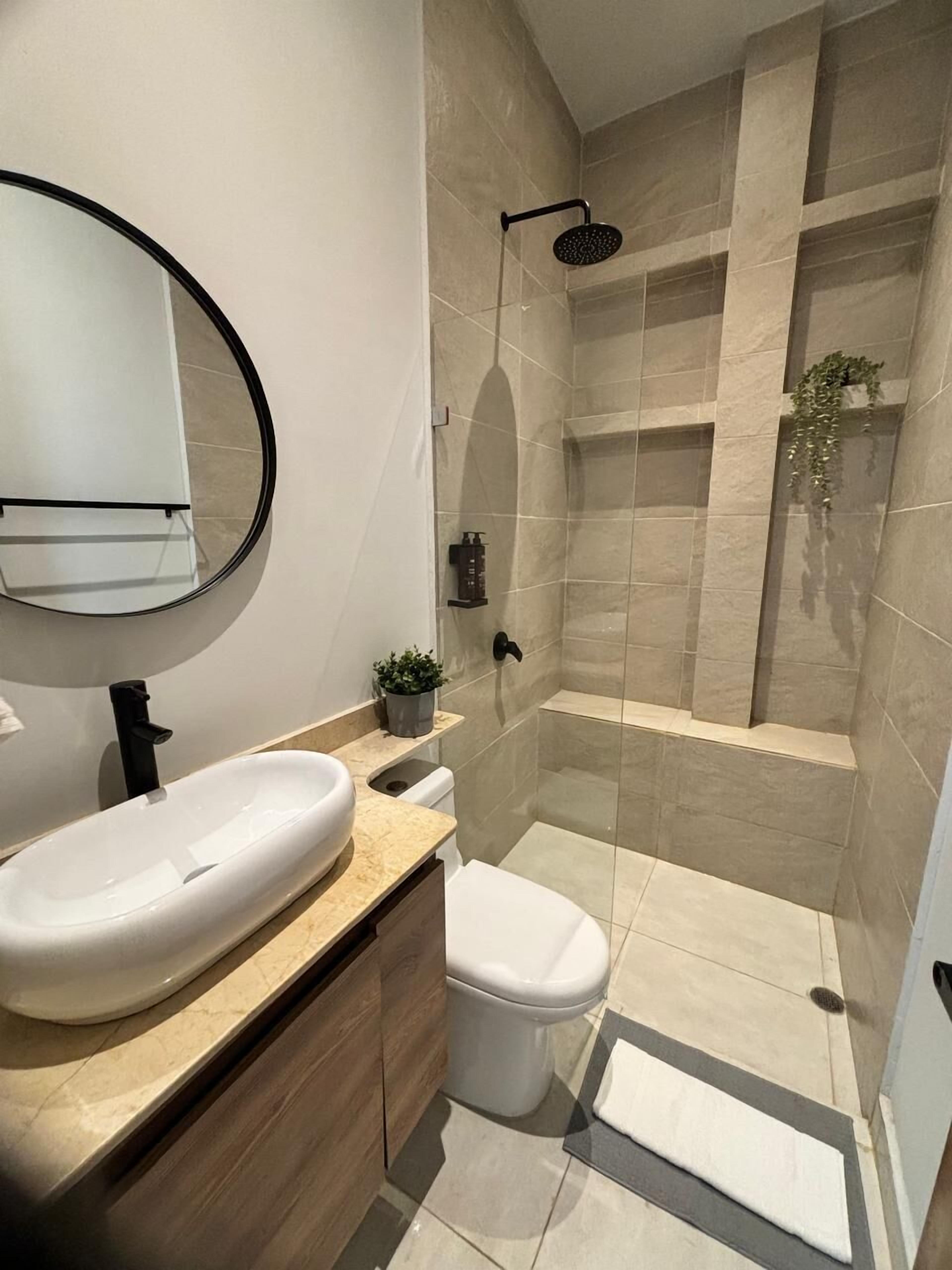 Uma casa de banho moderna com uma grande lavatório oval, sanita, chuveiro com chuveiro manual e uma pequena planta em vaso.