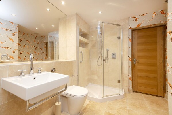 A modern bathroom with a glass-enclosed shower, a white sink, and a toilet.