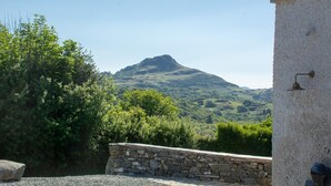 A stone wall and a mountain in the background.