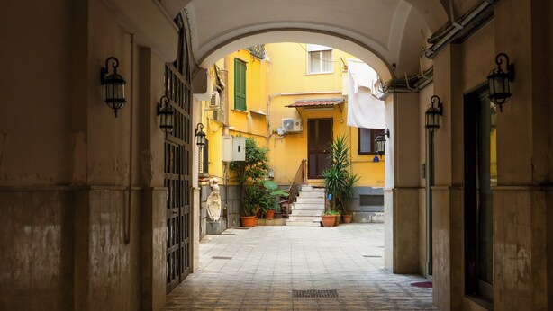 An arched corridor with patterned flooring, a gate, and potted plants. - NA Beautiful View Rooftop-B&B - Double Room with Sea View (Napoli)