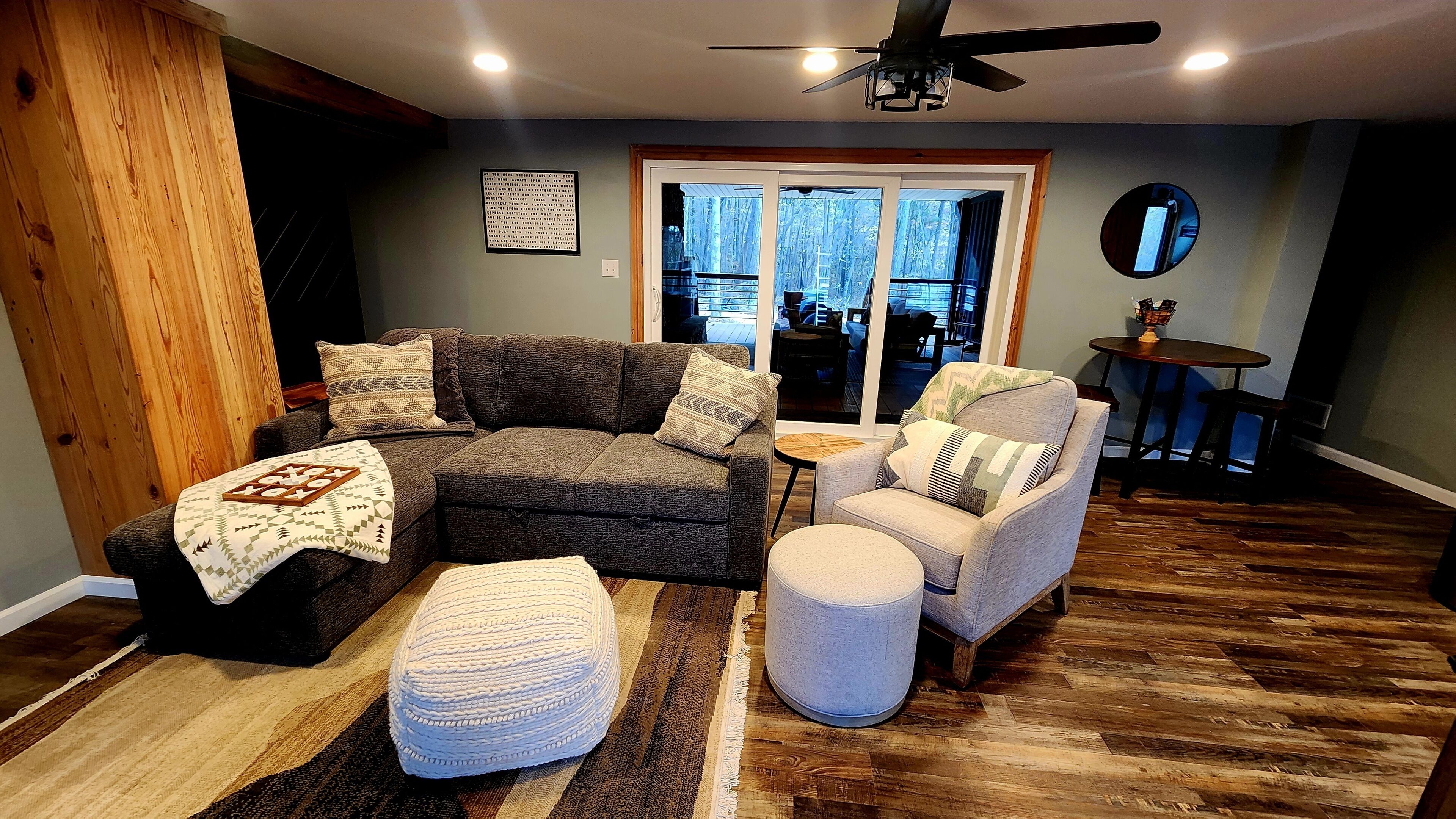 Smart TV, fireplace, books