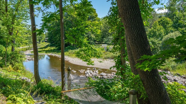 A hammock in a forested area with a river and a bench in the background. - Historic Riverside Home with Sauna & Covered Porch (Woodstock)