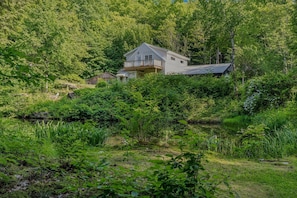 Ein Haus, umgeben von üppigem Grün und einem kleinen Bach.