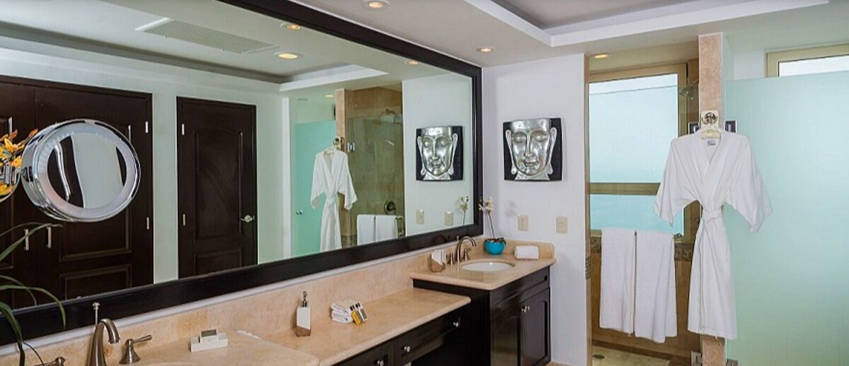 Shower, jetted tub, hair dryer, towels