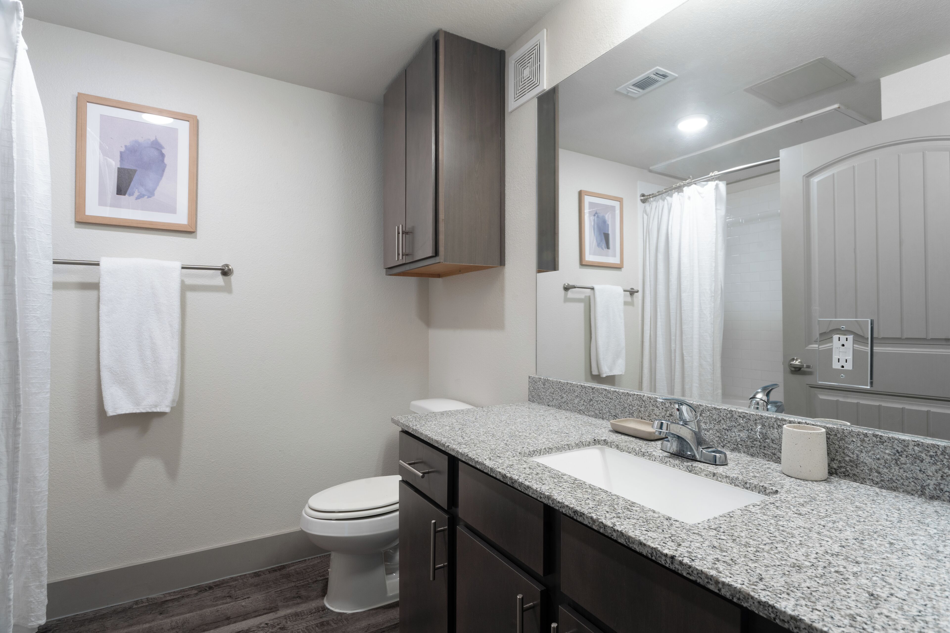A bathroom with a toilet, sink, dark cabinets, and a mirror.