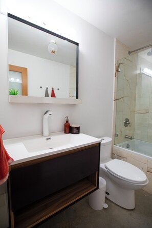 Regadera, secadora de cabello, toallas, jabón 