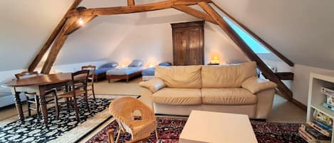 Fernseher, Kamin, Tischtennisplatte, Bücher