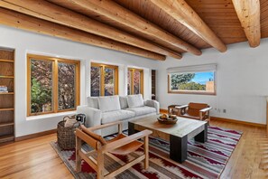 Smart TV, fireplace, books, offices