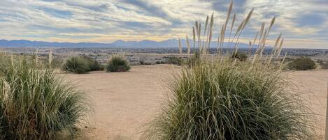 A view through a window with a sandy landscape, sparse vegetation, and distant mountains under a cloudy sky.