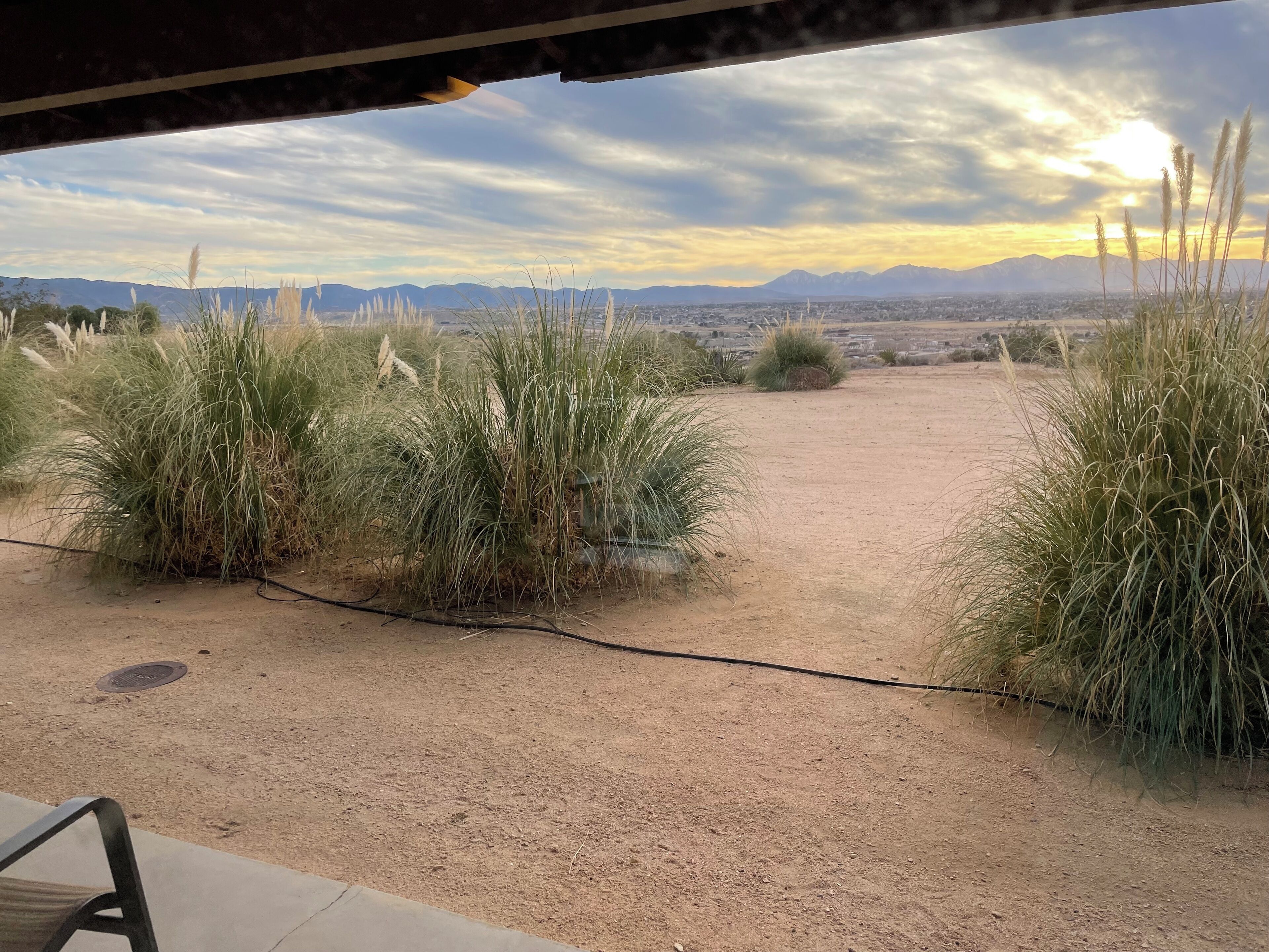 Une vue d’un paysage désertique, avec de hautes herbes et des montagnes à l’horizon.