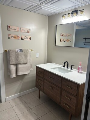 Hair dryer, towels, soap, toilet paper