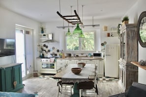 Fridge, oven, stovetop, coffee/tea maker