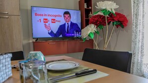 A television displaying a game show, a dining table with a plate and cutlery, and a vase with artificial flowers.