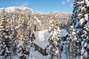 Une cabane entourée d’arbres et de montagnes couverts de neige.
