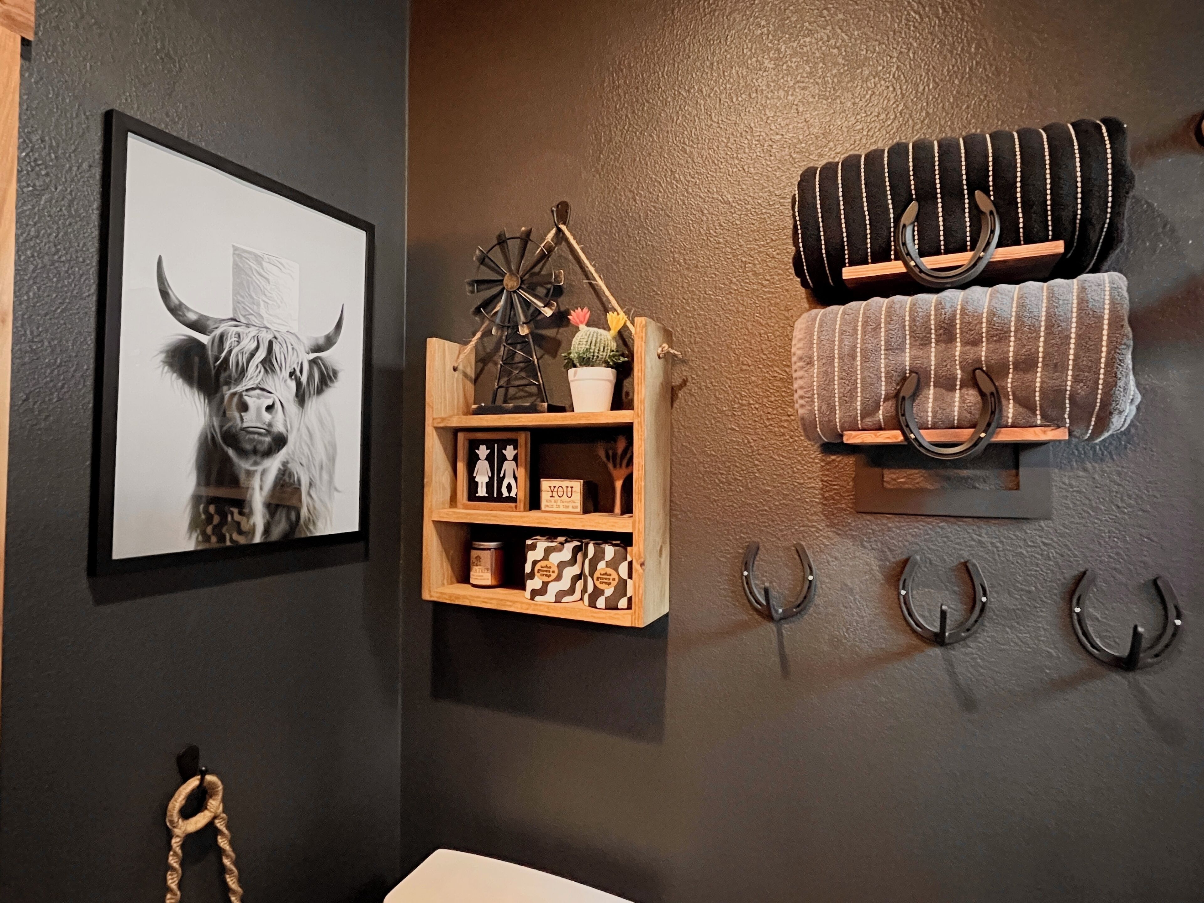 A wall with a framed black and white photo, a wooden shelf with decorative items, and a set of hanging horse-shaped hooks.