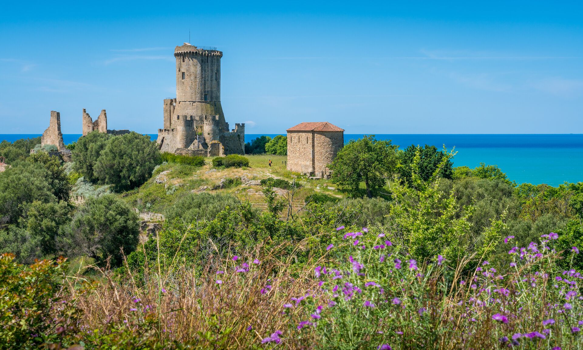 A historic stone castle with a tower, surrounded by lush greenery and purple flowers.