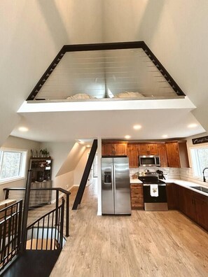 Fridge, microwave, oven, stovetop - The Coop: NEW A-frame w/ Hot Tub + Fire Pit + Loft. Pet Friendly! (Flat Rock)