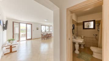 Chuveiro, secador de cabelo, toalhas de banho