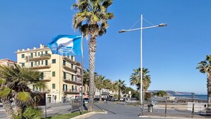 A coastal street with palm trees, a clear blue sky, and buildings with balconies.