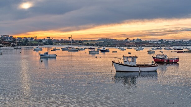 Un puerto con barcos, agua tranquila y un pueblo lejano.