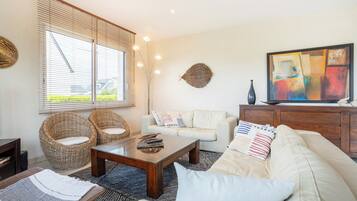 Una televisión, una chimenea, un reproductor de DVD